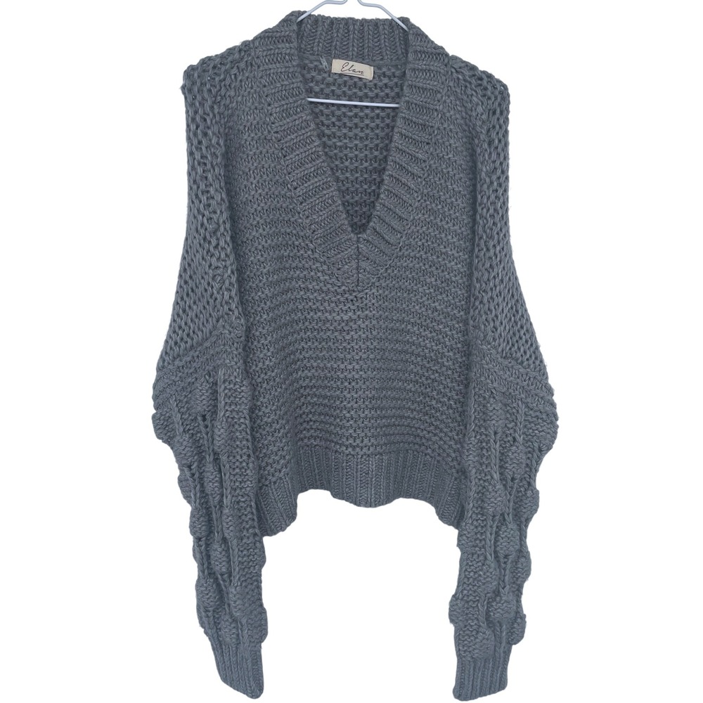 Elan Gray Chunky Knit V Neck Dolman Sleeve Sweater Pullover Large Cable Knit